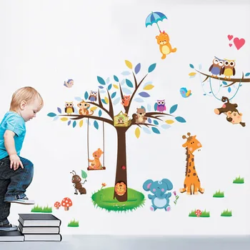 Oturma Odası Bebek Çocuk Odası Çocuk Odası için yeni Varış Hayvan Cenneti Hayvanat Bahçesi Duvar Sticker Zürafa Maymun Ormanı Ağaç Duvar Çıkartması Dekorasyonu