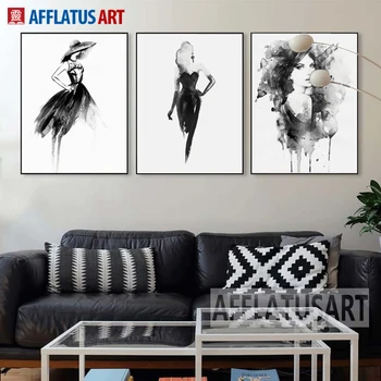 Oturma Odası Dekorasyonu İçin AFFLATUS Siyah Beyaz Moda Bayan Duvar Sanat Poster Ve Baskı İskandinav Poster Suluboya Resim