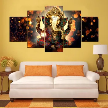 Tuval Oturma Odası Modern HD Basılı Manzara Resmi Duvar Sanatı Ev Dekorasyonu Çerçeve 5 Adet Ganesh Fil hortumu Tanrı Boyama