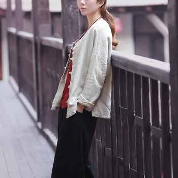 Uzun Vintage Düz Renk V yaka Gömlek Keten Casual Gevşek Düğmesine Kısa Hırka Bluz İlkbahar Yaz Pamuk Kol s kadın Üstleri