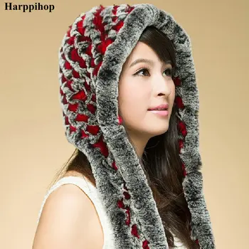 Kış kadın rex tavşan saç örme kap kulak şapka atkı kürk şapka örme