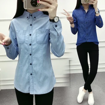 Jean Gömlek Kadın en fazla 2018 Bayan Casual Kadın Giyim Blusa Camisa Jeans Feminina Bluz Uzun Kollu Gömlek Kadın