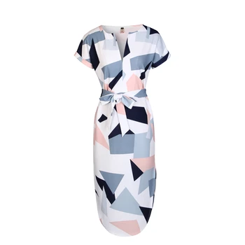 Kadın Elbise Nedensel Midi Kalem Elbise Yaz Geometrik Çok Renkli Orta Buzağı Uzunluğu WS221R Yaka Elbise Standı