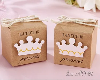 100pcs Küçük Prens Prensesi Kare Taç Kraft Bebek Şeker Kutusu Partisi Hediye Kutuları Kız Erkek Çocuk Doğum günü Kutusu İyilik