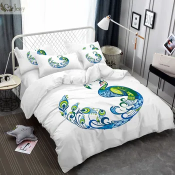 Nevresim Takımı Yatak Seti Mermaid Deniz ATI Çiçek Ev Tekstili Mavi Tavuskuşu Beyaz Arka Yatak Örtüsü Nevresim Yastık Seti