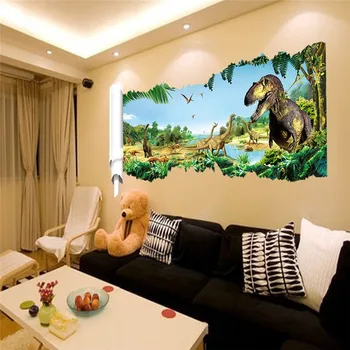 Çocuk Odası Çocuk Odası Dekorasyon 3d etkisi pencere Duvar Çıkartmaları için % 3D World Park Dinozorlar Duvar Çıkartmaları Duvar kağıdı duvar Posteri