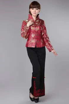 Kırmızı Çin Geleneksel Ceket Kadın İpek Saten Ceket Boyutu: S -3XL