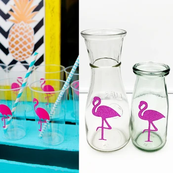 HUADODO 12CS Glitter Kağıt Etiket Flamingo Şişe Kap Etiket DİY Sanat bekarlığa Veda plaj Partisi, Düğün Doğum günü, Bebek Partisi