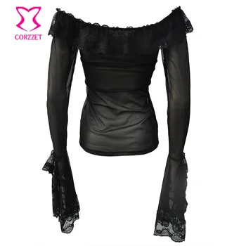 Siyah Şeffaf Tül&Dantel Omuz Parlama Seksi Bluz Victoria Steampunk Kol Gotik Giyim Aksesuarları Korse Fırfır Kapalı