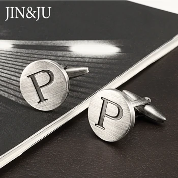 Antika Gümüş Yuvarlak Harfler Kaplama Erkek İçin alfabe kol düğmeleri JİN&JU Harfler P kol düğmeleri Erkek kol düğmeleri manşet gömlek P