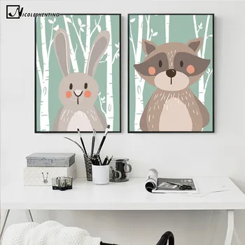 Karikatür Hayvan Tavşan Ayı Tilki Minimalist Sanat Tuval Poster Kreş Resim Yazdırma Modern Ev Çocuk Odası Dekor C202 Resim