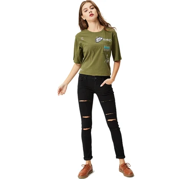 GLO-HİKAYE Kadın T-shirt 2017 Bahar Moda Rahat Cep Kısa tişört 4208 üstleri