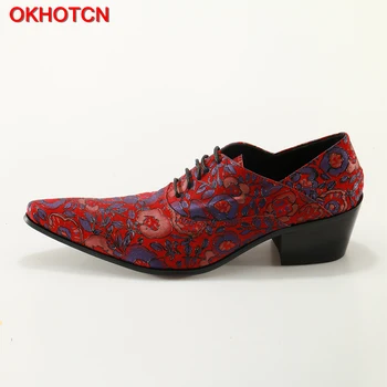 OKHOTCN Kırmızı Mavi Çiçekli Ayakkabıları Erkek Deri Erkek Akşam Parti İçin Gelinlik Ayakkabıları Sosyal Ayakkabı Sapato Ayak Dantel Sivri