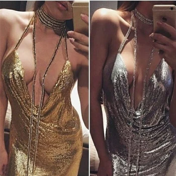 Düşük V-Yaka Gece Kulübü Elbise Yeni Altın Büyük Boy Bodycon Elbise Kadın İçin Yeni Yıl Giyim Askıları Seksi Elbiseler Kadın Payetli