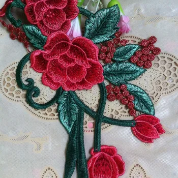Ücretsiz kargo 59*17cm(1pair/lot)kırmızı çiçek yeşil yaprak yamalar Düğün Gelin Dantel yama Dikiş Nakış Dantel Aplike 16121204