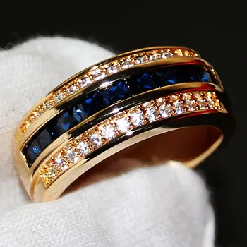 Victoria En iyi Marka Lüks Mücevher 10KT Altın Dolu Prenses Erkeklere Hediye İçin 5A Mavi Zirkon Taraf pırıl Pırıl Düğün Grup Halka Kesim