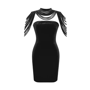 Karlofea Yeni Kadın Kolsuz Elbise Bahar Seksi Kulüp Katı Siyah Şarap Elbise, Çıkarılabilir Yaka Streç Kadife Parti Mini Elbise