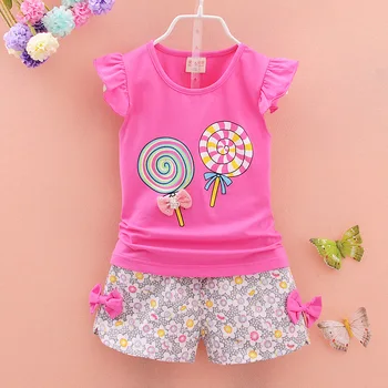 Yeni doğan Bebek Kız Elbise Yaz Lolipop Kısa T-shirt Üstleri Koşu takım Elbise Bebes Çiçek Şort Bebek Giyim Çocuk + Kollu
