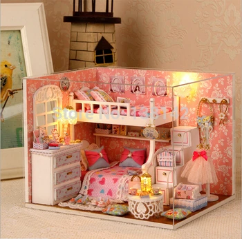 1 minyatür DİY ahşap oyuncak ev:12 yatak odası miniatura dollhouse Mobilya Oyuncak maket H006