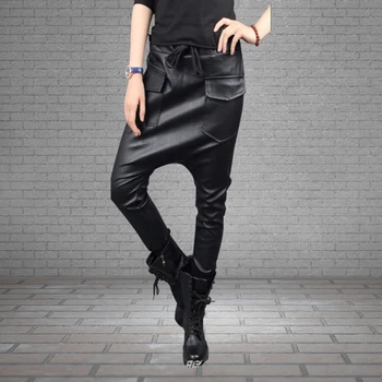 Sonbahar İngiliz Tarzı Kadınlar için kadın giyim Hip Hop PU Deri Harem pantolon Punk Rock Sokak Pantolon Elastik Bel Rahat T