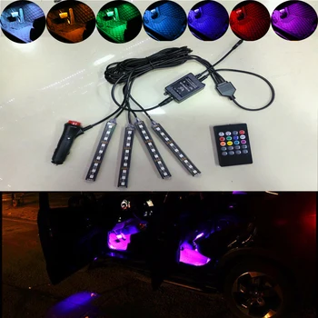 Kablosuz Uzaktan Müzik Sesi Ses Kontrol Araba RGB Flash Neon İç Işık Lamba Şerit Çizgi Kat Atmosfer Işıkları 4 adet/set LED