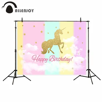 Allenjoy fotoğraf arka planında tek Boynuzlu at doğum günü partisi fon Altın parlak yıldız ev için sarı çizgili pembe dekorasyon