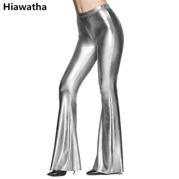 2017 Hiawatha Avrupa Amerikan Flare Pantolon Kadın Katı Renk PU Deri Pantolon Moda Elastik Bel Geniş Bacak Pantolon JST020