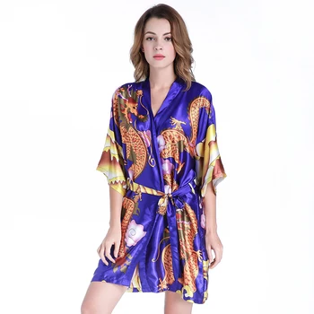 Royal Blue Yeni Saten Elbise Elbise Çinli Kadın Ejderha Bornoz Gecelik Yaz Seksi Kısa Kimono Sabahlık Pijama Yazdır