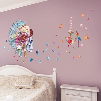 Kafatası Çiçek Desen Oturma Odası 3D Duvar Çıkartmaları Vinil Pencere Dekor Yatak Odası Duvar Kapı 45X60cm CP0582 İçin Etiket Çıkartmaları