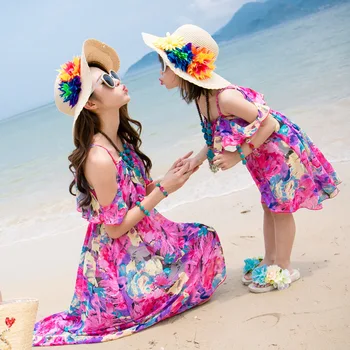 Aile eşleşen monte anne-kız elbiseleri şifon plaj yaz tatil beldesi paragraf Elbise