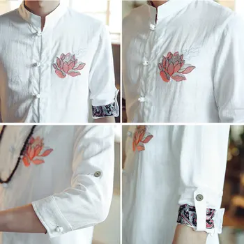 2018 Çin Tarzı Keten Gömlek Erkek Beyaz Rahat Üç Çeyrek Kol Mandarin Yaka Çiçek Nakış Kung Fu Gömlek Erkek 5XL