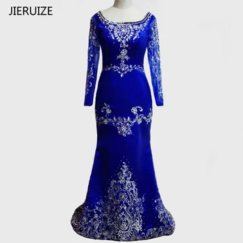 JİERUİZE Royal Mavi Uzun Kollu Lüks Akşam Denizkızı Kristal Nakış Gelinlik robe de soiree Elbise