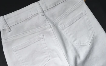 Artı Boyutu Kadın Beyaz Yüksek Sıkıntılı Uzun Kot Kot Pantolon Moda Sıska Streç Delik İnce Kot Kalem Pantolon Yırtık Bel