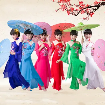 6 Renkli Çocuk Çinli Kostümü Çocuk Dans Yangko Dans Giyim Kız Fan Dans Giyim Çin Şemsiye Dans Kostüm Sahne Gösterisi