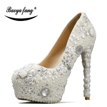 Beyaz İnci düğün ayakkabıları Yüksek topuklu Gelin Kadın platform ayakkabı Yeni Bayanlar için Elbise ayakkabı kadın Pompaları Paty ücretsiz kargo