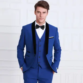 Popüler Royal Mavi Erkek takım Elbise 2017 Sıcak Özel Tasarım Siyah Şal Yaka En İyi Erkek Düğün/Akşam Parti Giymek 3Pieces Smokin Blazer