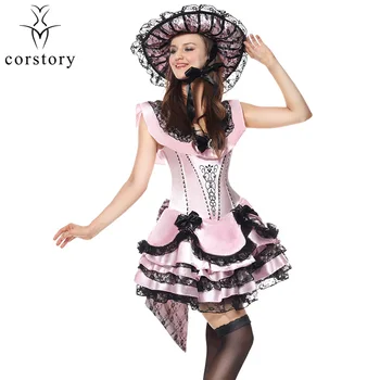 Corstory Victoria Pembe Saten Delux Prenses Belle Cadılar Bayramı Kostüm Güzellik Ve Canavar Yetişkin Cosplay Lolita Elbise