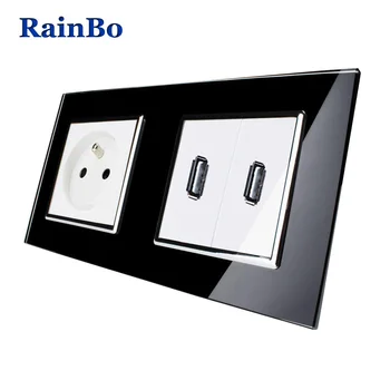 RainBo Fransa Standart Priz+USB yuvasına USB Çıkış Cam Panel Duvar Güç Akıllı Priz Ücretsiz Kargo A28F82USW/B
