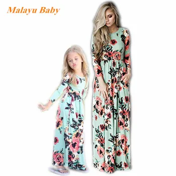 Anne Kızın Ailesi için Malayu Bebek İlkbahar Yaz Anne kız Elbise kız Plaj giyim çiçek Baskı Bohemia Stil Eşleşen