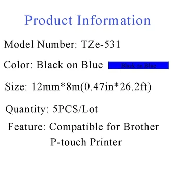 Kardeşim P için Mavi Etiket üzerinde profesyonel hosting paketleri 5 ADET Uyumlu Brother p touch TZ Tape 12mm Siyah-dokunmatik Yazıcı TZe-531 TZe 531 TZ531