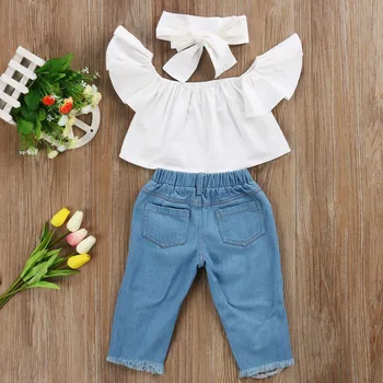 2017 Yeni Moda Çocuk Kız Elbise Kapalı omuz Kırpma Beyaz+ Delik Kot Pantolon Jean Bandı GÜÇLÜ Bebek Çocuk Giyim Tops