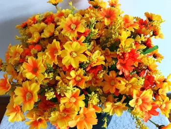 28 baş krizantem sarı/turuncu küçük papatya çiçek, yapay çiçek ekranı ipek kumaş çiçekler/çok 5piece