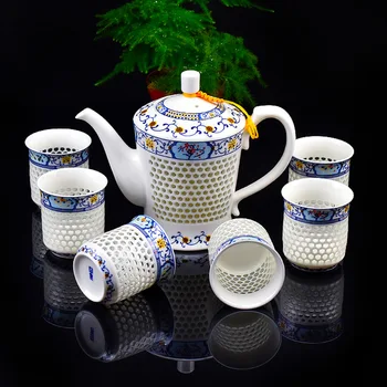 Yaratıcı Hediye Enfes Çin Mavi ve Beyaz Boş Petek Seramik Porselen Cam Kung Fu Çay 1 Demlik 6 Fincan Seti