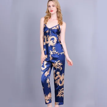 GÜÇLÜ Pijama 2018 Yeni Varış Kadın Açık bir Gecelik Uzun Kollu Rayon Seksi Çin Ejderha Kıyafeti Pijama M L XL-011 Set