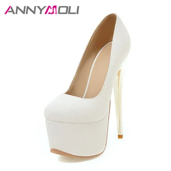 ANNYMOLİ Kadınlar, Aşırı Yüksek Topuklu Pompalar Platform Düğün Ayakkabısı Beyaz Stiletto Seksi 33-46 16 cm Topuklu İlkbahar Ayakkabı Pompalar Gelin