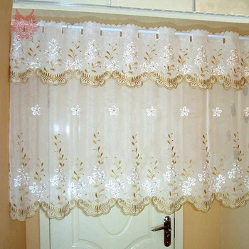 Kahve mutfak oda cortina pastoral SP3872 Ücretsiz Gemi için gardinen beyaz çiçek nakış yarım perde cumba perde tül