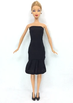 NK Bir Set 2018 Oyuncak Bebek Yapımı Barbie Bebek 006 Moda Elbise Bayan Siyah Havalı Kıyafet +Bir Çift Siyah Topuklu Colthes