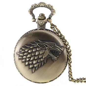 Erkekler için Oyun Stark 2016 Yeni Varış Bronz Thrones House Crest Desen Köstekli Cep saati Quartz Kolye Zincir Kolye Kadın