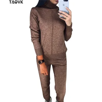 TAOVK kış Yün ve Kaşmir iki sıcak Elbise yüksek Yaka Kazak + Vizon Kaşmir Pantolon gevşek tarzı parça set örgü Örme