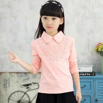 Okul Kız Dantel Çiçek Yüksek Kaliteli Çocuk Giyim Pamuk Bluz Aşağı Gömlek Yeni 2018 Bahar Moda Çocuklar Katı Açın Bluz-